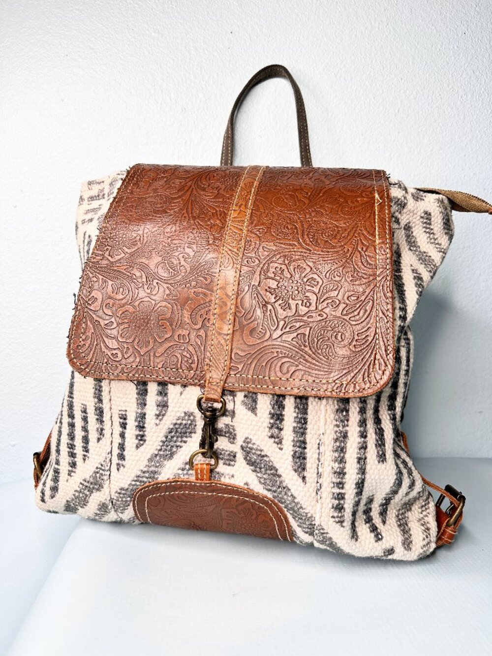 Myra Bag Tooled Leather Canvas Backpack Brown White Gray Embossed Floral
